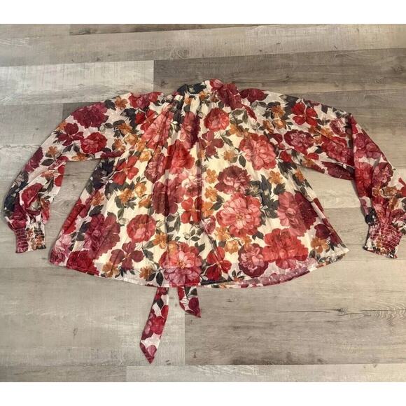 AURA Blouse Top Women Medium Multi Floral Pleated Mock Neck Tie Back Long Sleeve - Picture 1 of 6